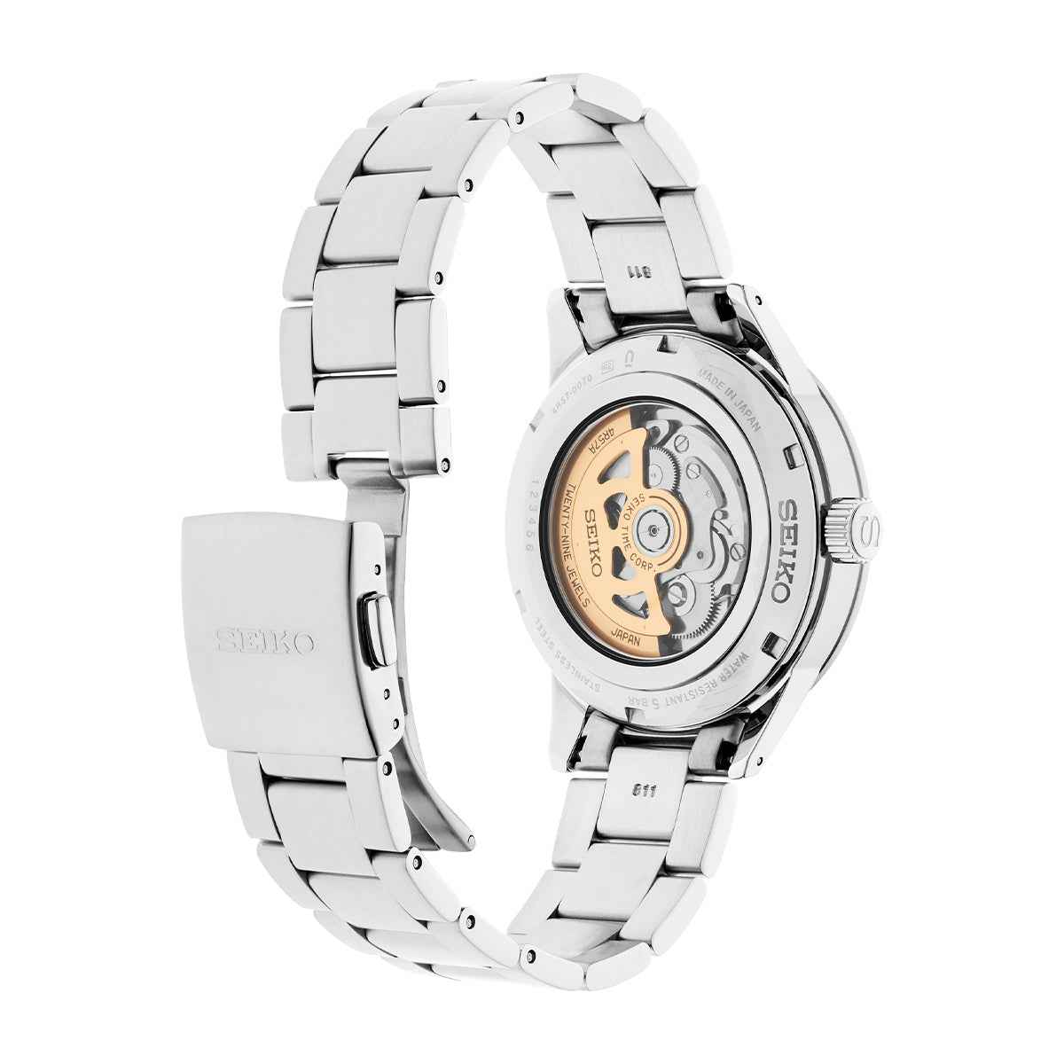 Seiko Men's Presage Automatic Stainless Steel Watch with Cream Dial close-up detail