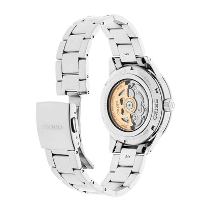 Seiko Men's Presage Automatic Stainless Steel Watch with Cream Dial close-up detail