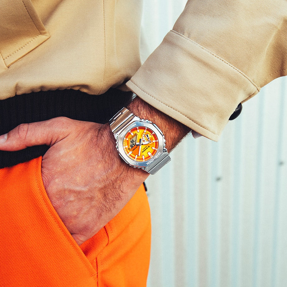 G-Steel quartz orange dial watch model