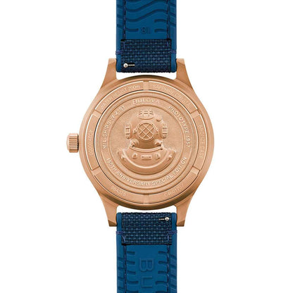 Bulova Men's MIL Ships Automatic Bronze Watch with Blue Dial & Nylon Strap front view