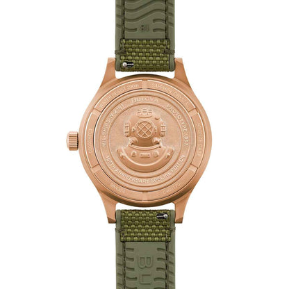 Bulova Men's MIL Ships Automatic Bronze Watch with Green Dial & Nylon Strap front view