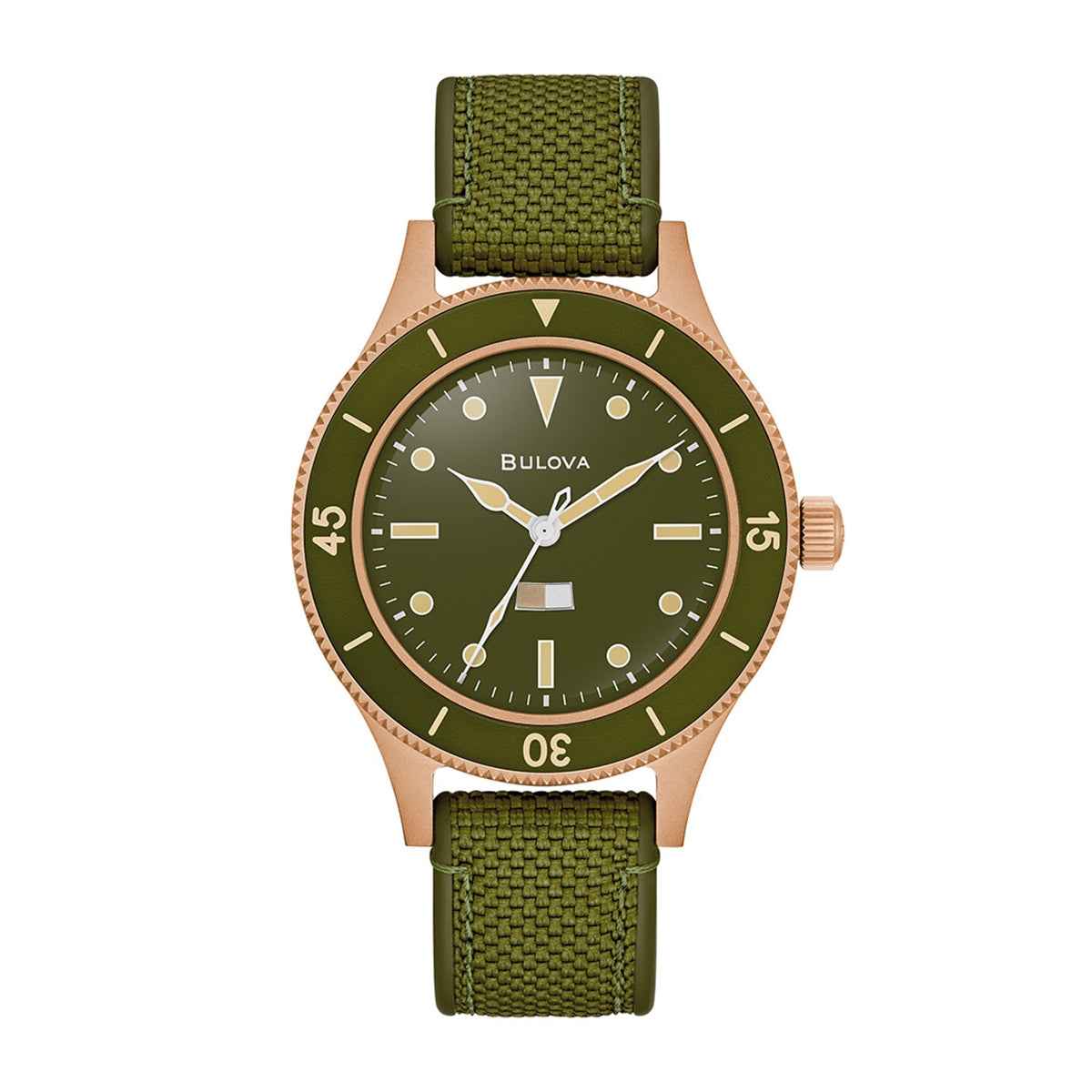 Bulova Men's MIL Ships Automatic Bronze Watch with Green Dial & Nylon Strap