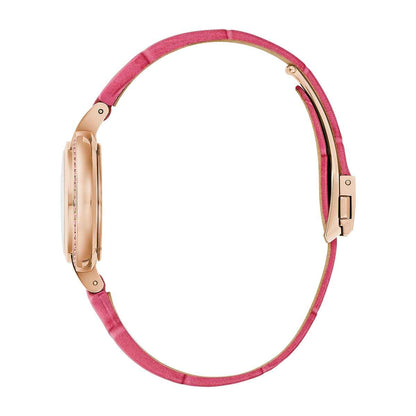 Bulova Ladies' Rubaiyat Spring Quartz Pink Gold-Tone Stainless Steel Watch with Pink Dial & Leather Strap front view