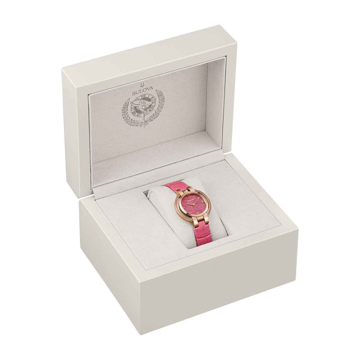 Bulova Ladies' Rubaiyat Spring Quartz Pink Gold-Tone Stainless Steel Watch with Pink Dial & Leather Strap close-up detail