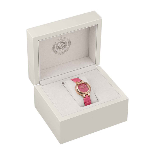 Bulova Ladies' Rubaiyat Spring Quartz Pink Gold-Tone Stainless Steel Watch with Pink Dial & Leather Strap close-up detail