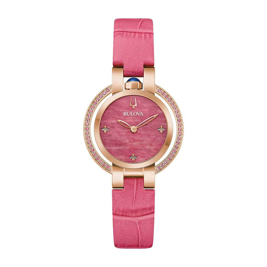 Bulova Ladies' Rubaiyat Spring Quartz Pink Gold-Tone Stainless Steel Watch with Pink Dial & Leather Strap