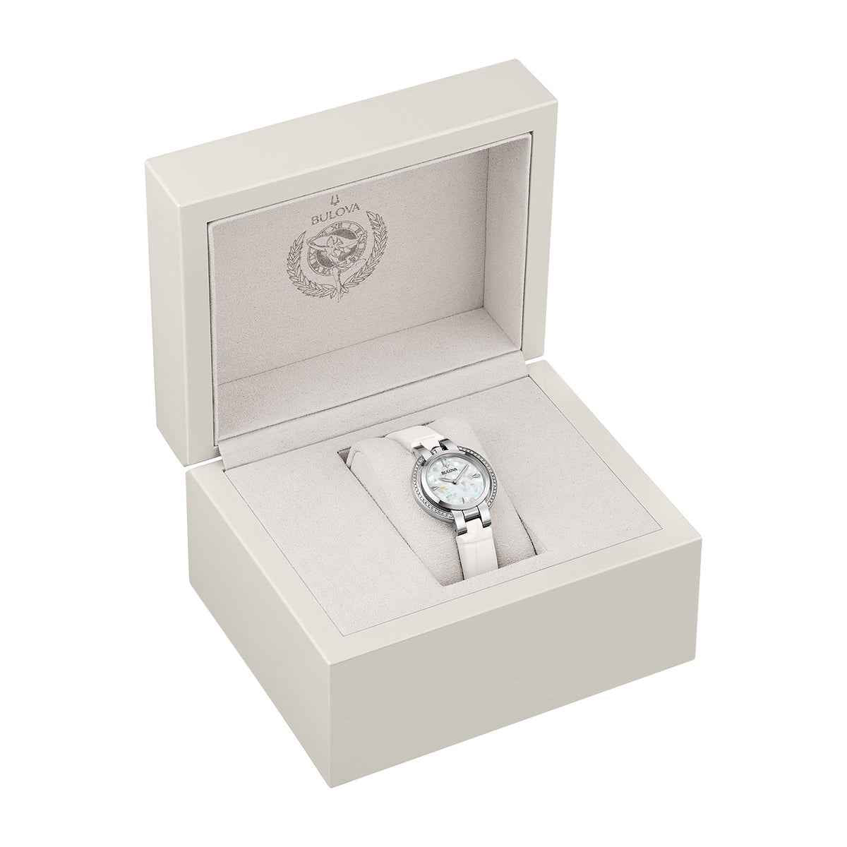 Bulova Ladies' Rubaiyat Winter Quartz Stainless Steel Watch with Mother of Pearl Dial & White Leather Strap front view