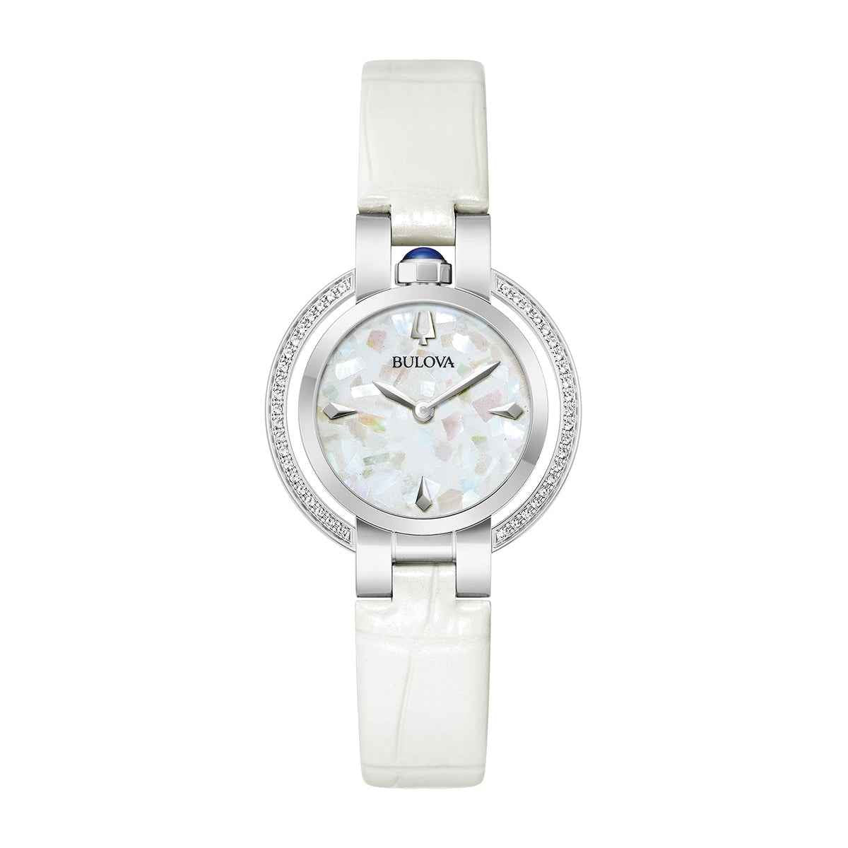 Bulova Ladies' Rubaiyat Winter Quartz Stainless Steel Watch with Mother of Pearl Dial & White Leather Strap