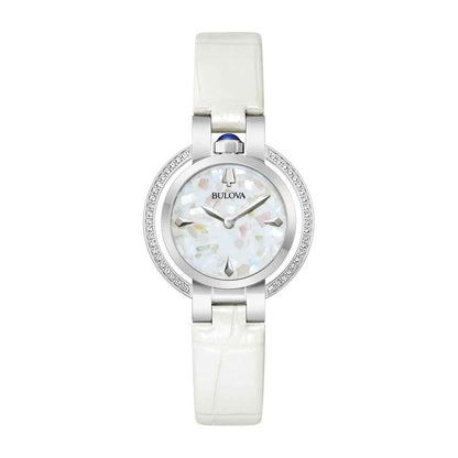 Bulova Ladies' Rubaiyat Winter Quartz Stainless Steel Watch with Mother of Pearl Dial & White Leather Strap