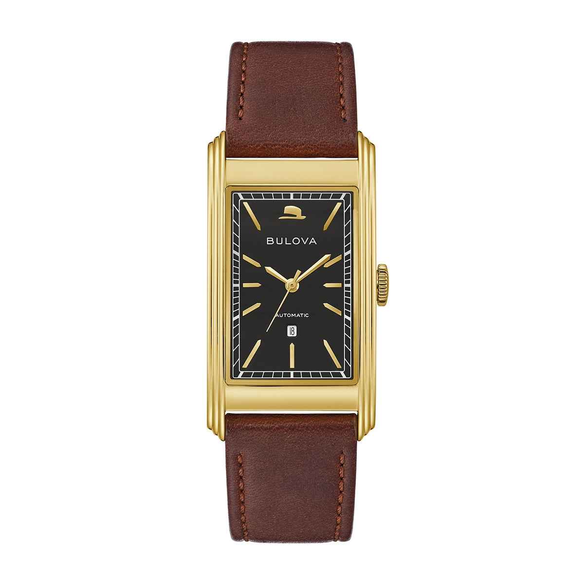Bulova Men's Frank Sinatra Automatic Gold-Tone Stainless Steel Watch with Black Dial & Brown Leather Strap