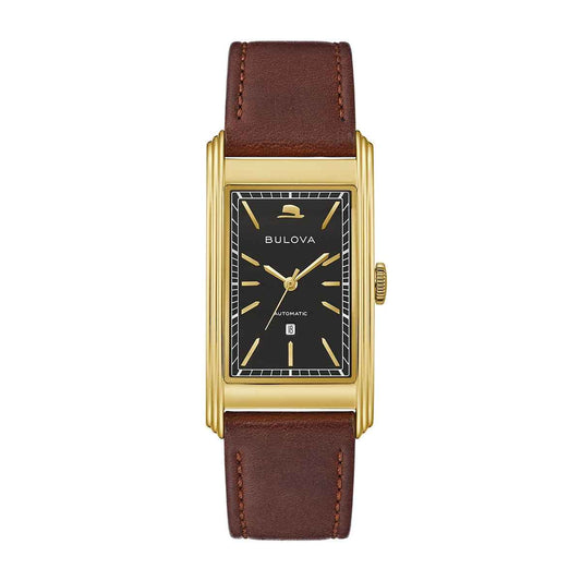Bulova Men's Frank Sinatra Automatic Gold-Tone Stainless Steel Watch with Black Dial & Brown Leather Strap