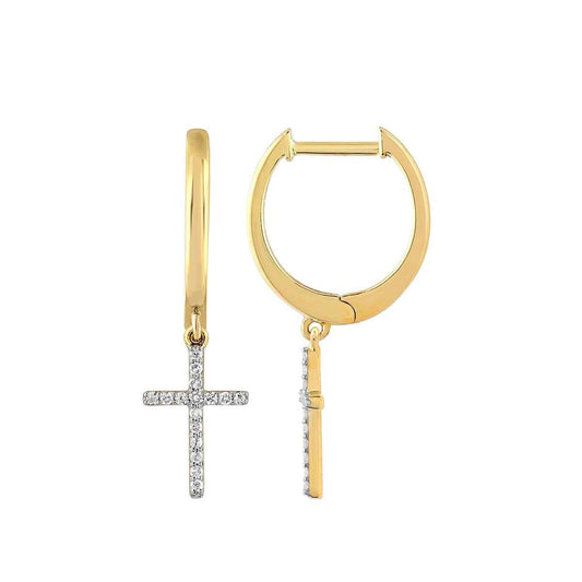 1/8 ct. tw. Diamond Cross Drop Hoop Earrings in 10K Yellow Gold