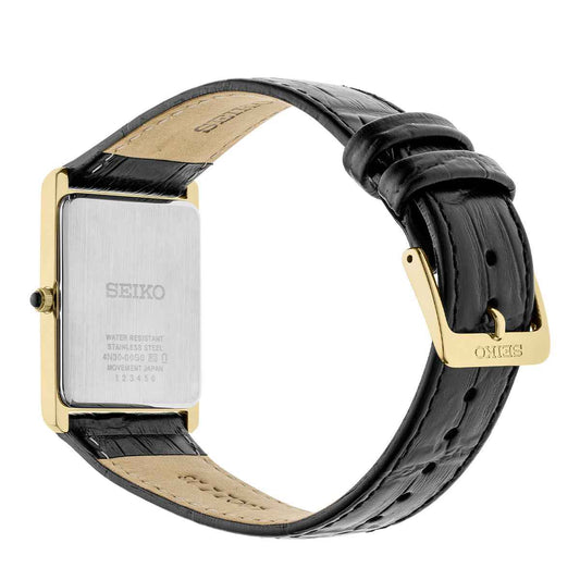 Seiko Essentials Quartz Gold-Tone Stainless Steel Watch with White Dial & Black Leather Strap