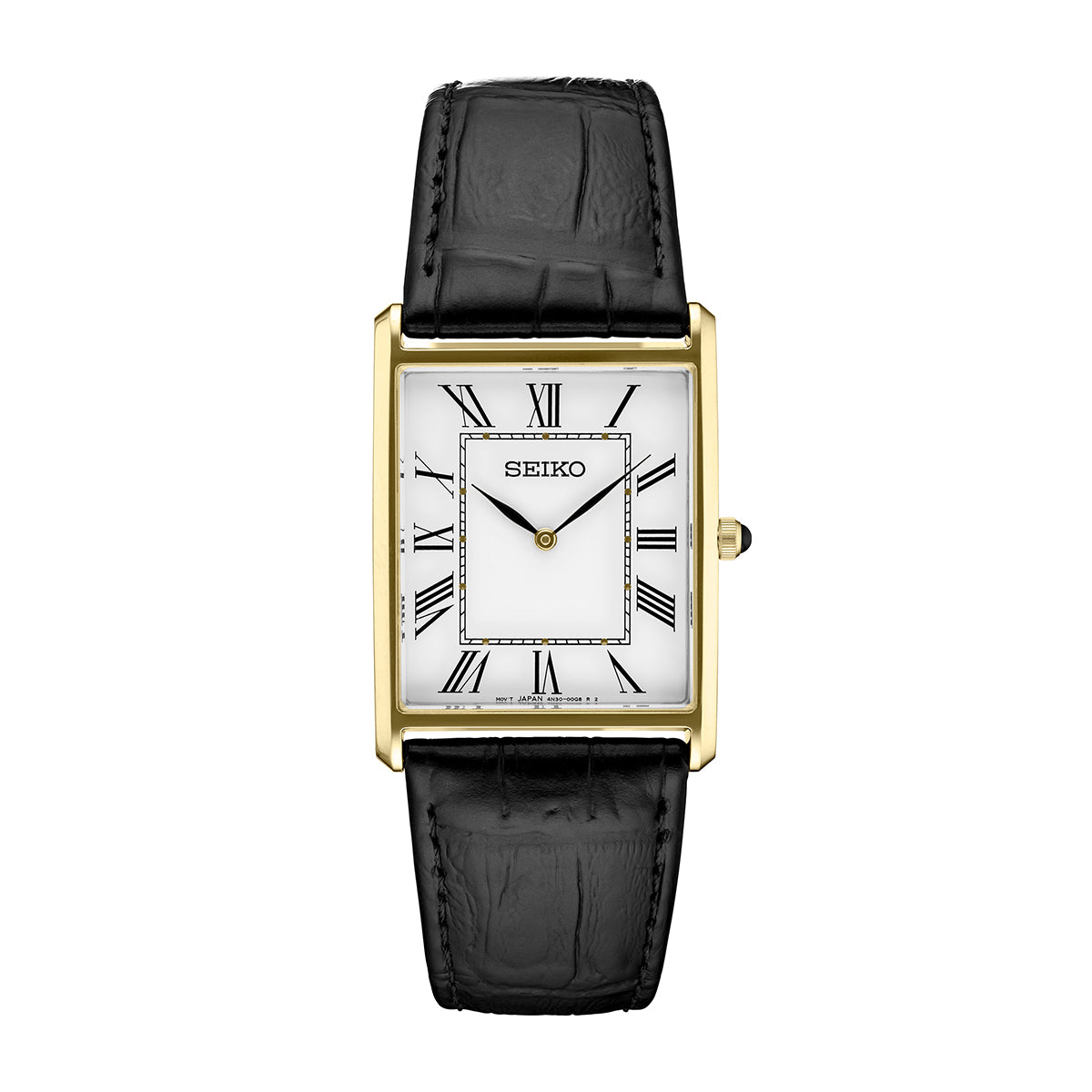 Seiko watch with rectangular gold-tone stainless steel case, white dial, black leather strap and Roman numeral markers