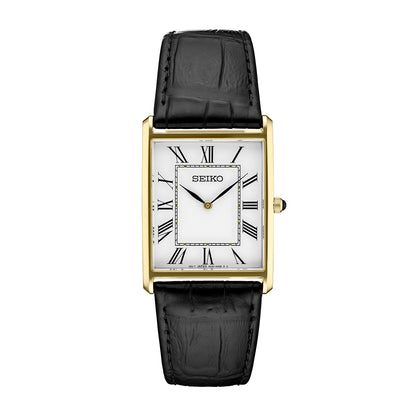 Seiko watch with rectangular gold-tone stainless steel case, white dial, black leather strap and Roman numeral markers