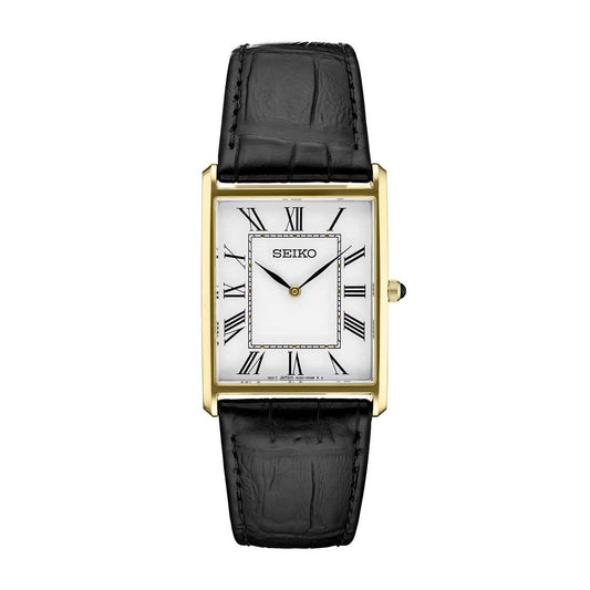Seiko Essentials Quartz Gold-Tone Stainless Steel Watch with White Dial & Black Leather Strap