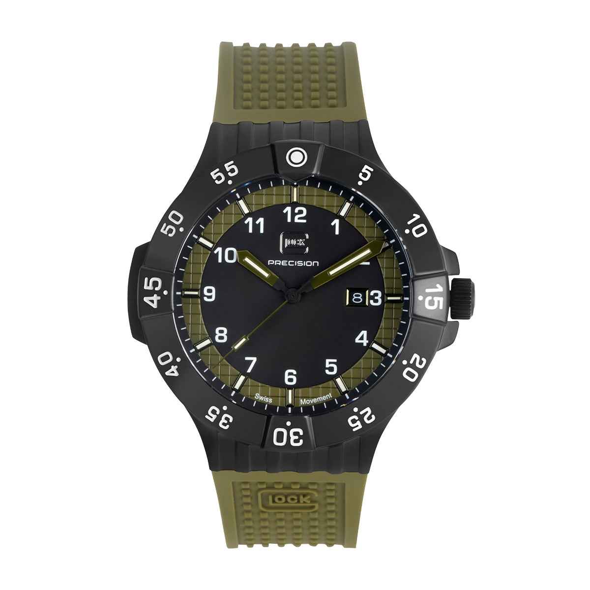 Glock Men's Quartz Black Stainless Steel Watch with Green Dial & Silicone Strap