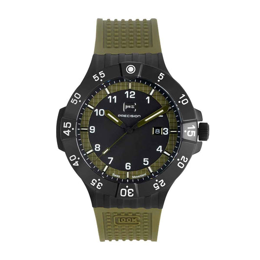 Glock Men's Quartz Black Stainless Steel Watch with Green Dial & Silicone Strap