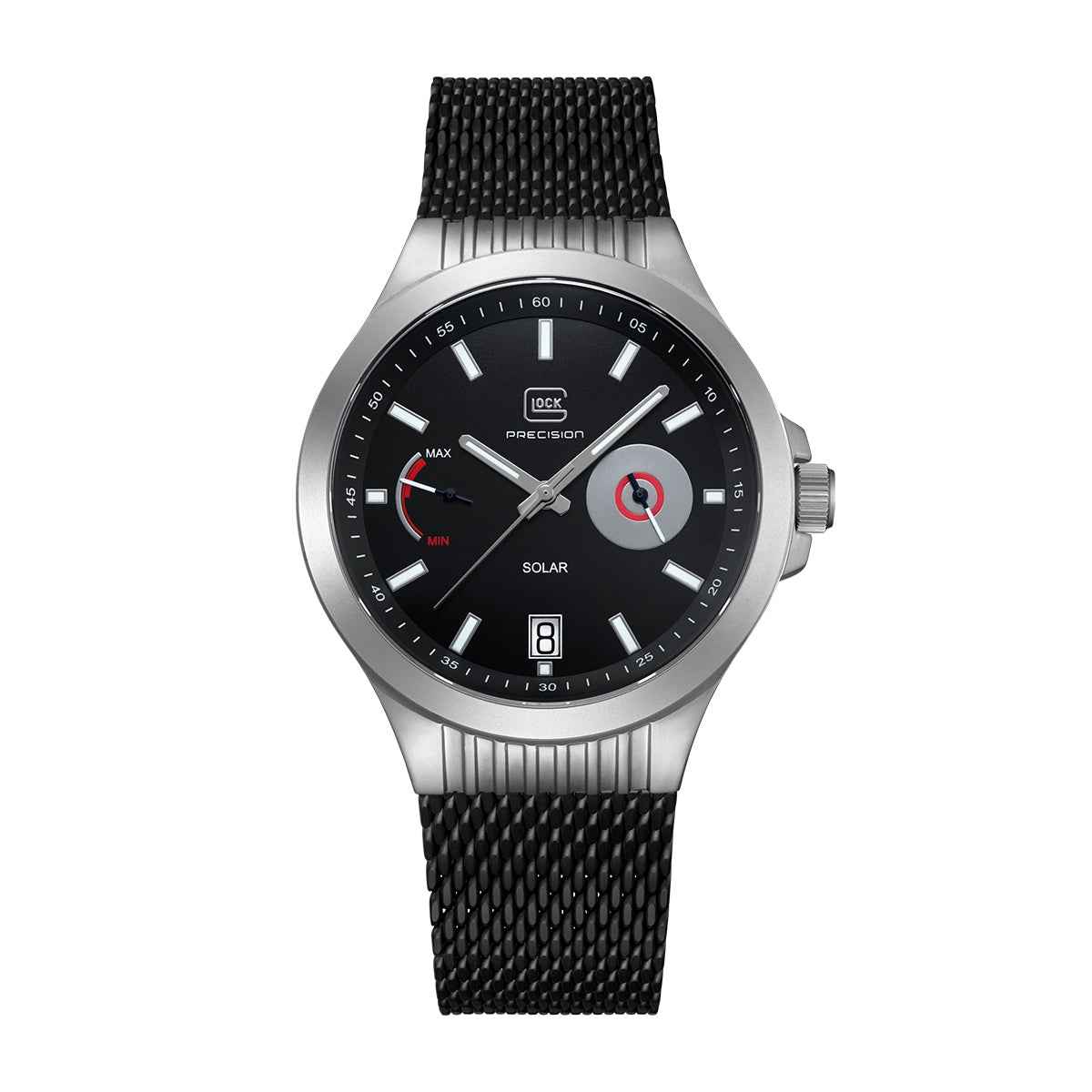 Glock Men's Solar Stainless Steel Watch with Black Dial & Mesh Band