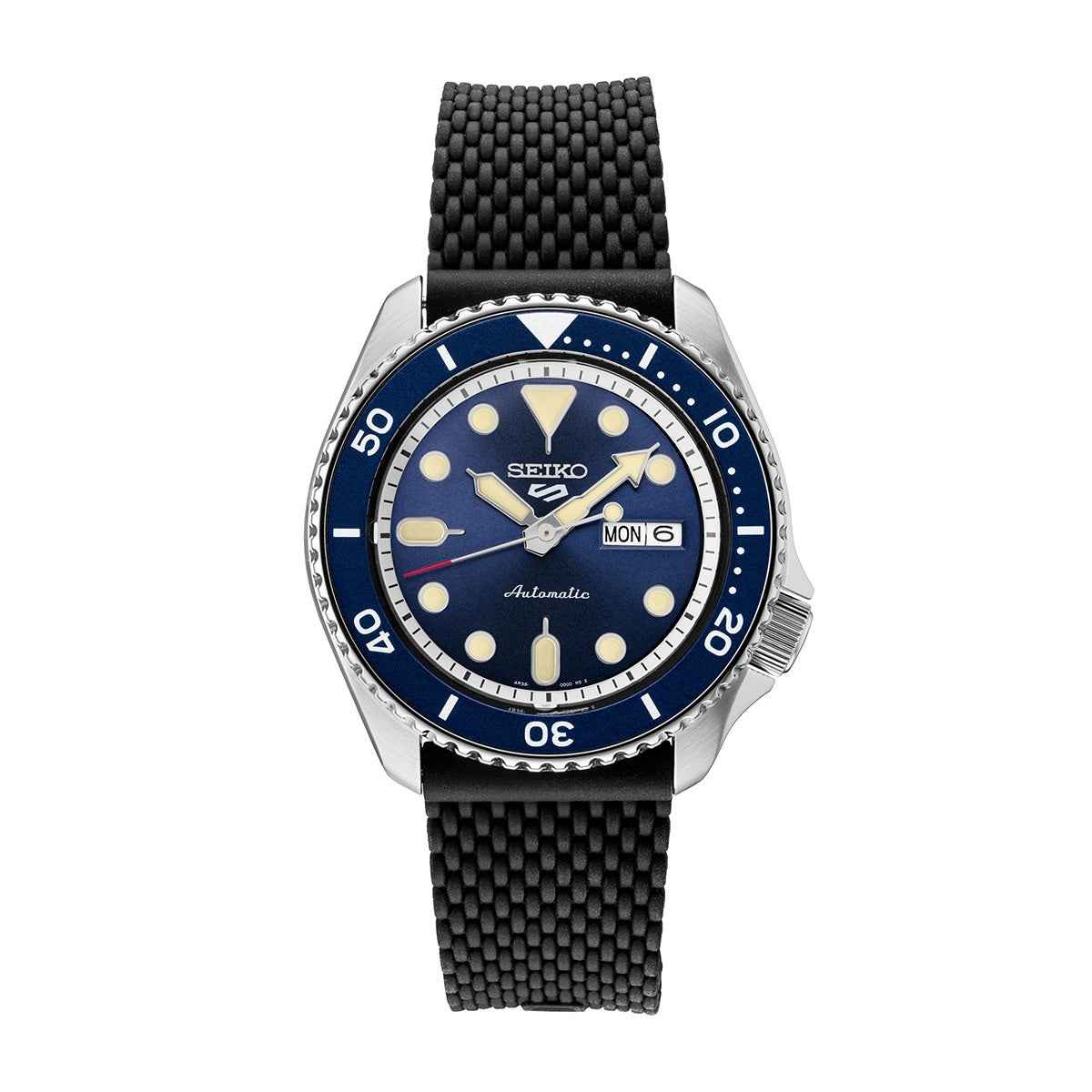 Seiko Men's 5 Sports Automatic Stainless Steel Watch with Blue Dial & Black Silicone Strap