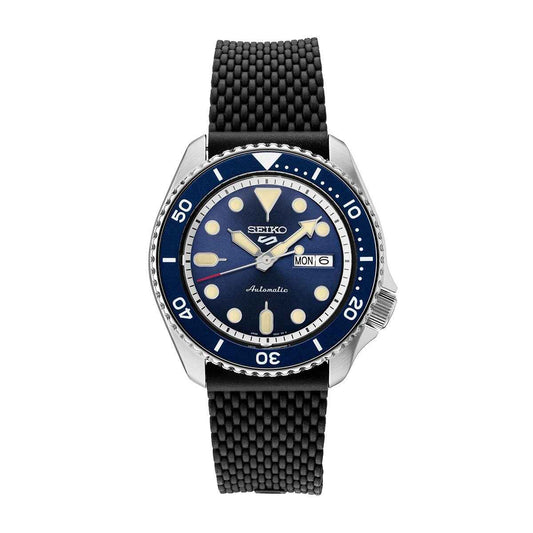 Seiko Men's 5 Sports Automatic Stainless Steel Watch with Blue Dial & Black Silicone Strap
