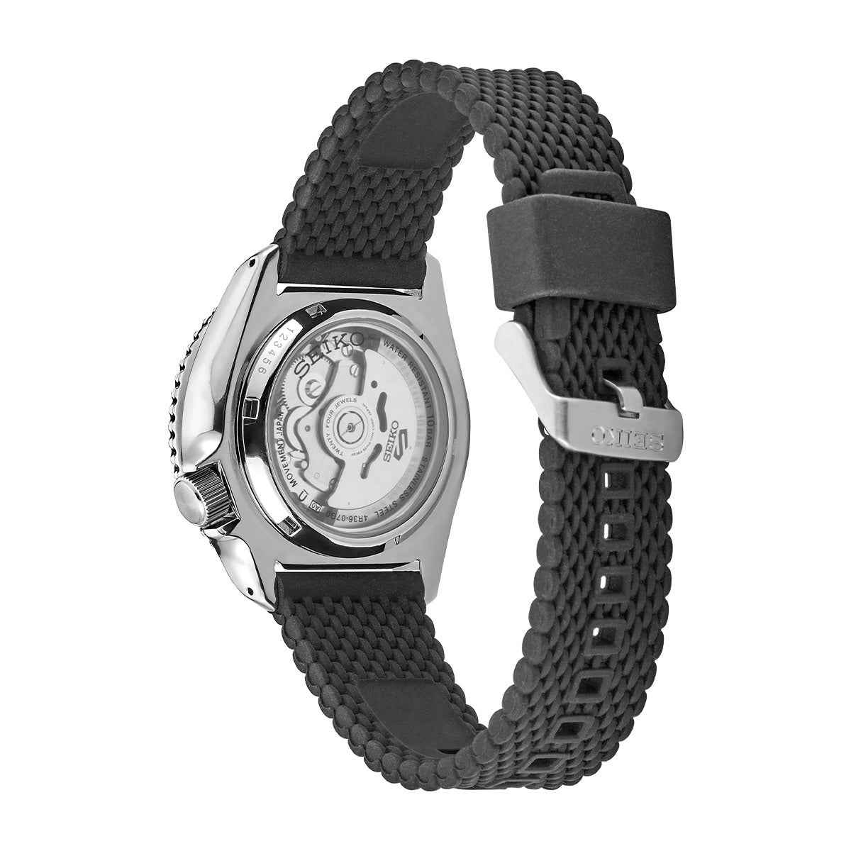 Seiko Men's 5 Sports Automatic Stainless Steel Watch with Black Dial & Silicone Strap