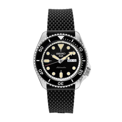 Seiko Men's 5 Sports Automatic Stainless Steel Watch with Black Dial & Silicone Strap