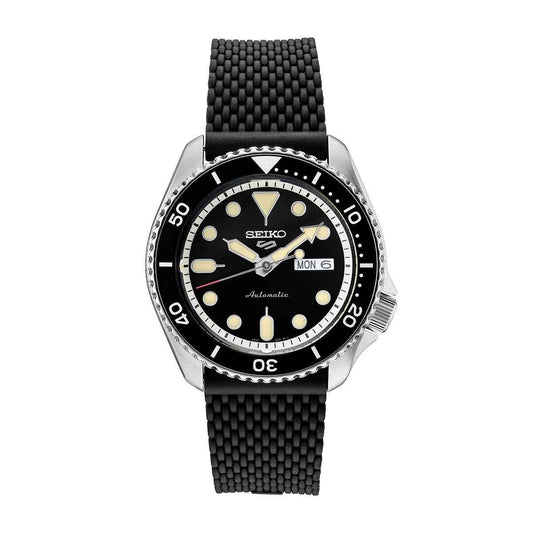 Seiko Men's 5 Sports Automatic Stainless Steel Watch with Black Dial & Silicone Strap