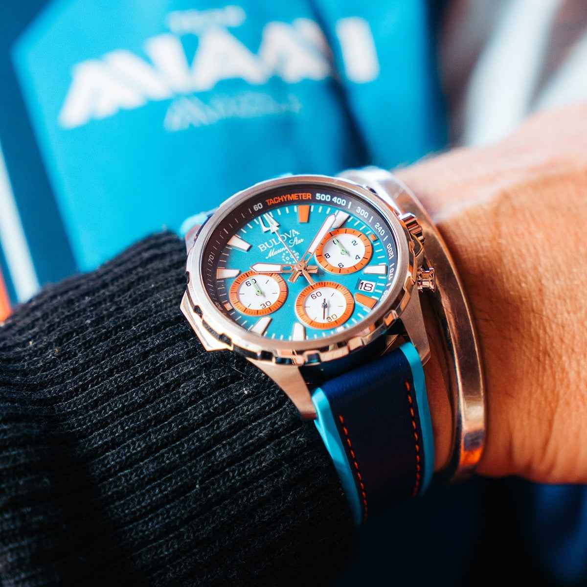 Bulova Men's E1 Team Miami Quartz Stainless Steel Watch with Blue Dial & Leather Strap