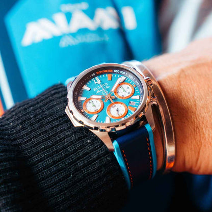 Bulova Men's E1 Team Miami Quartz Stainless Steel Watch with Blue Dial & Leather Strap