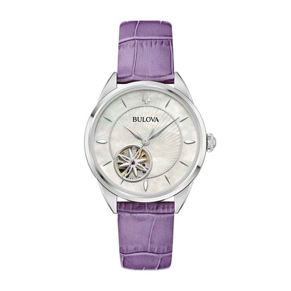 Bulova Ladies' Sutton Automatic Stainless Steel Watch with White Dial & Purple Leather Strap