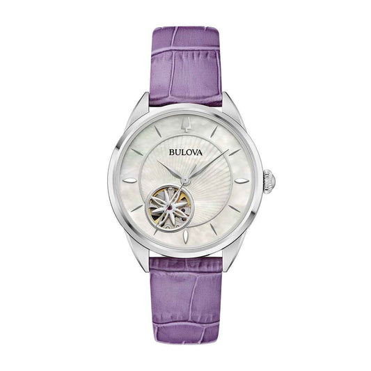 Bulova Ladies' Sutton Automatic Stainless Steel Watch with White Dial & Purple Leather Strap