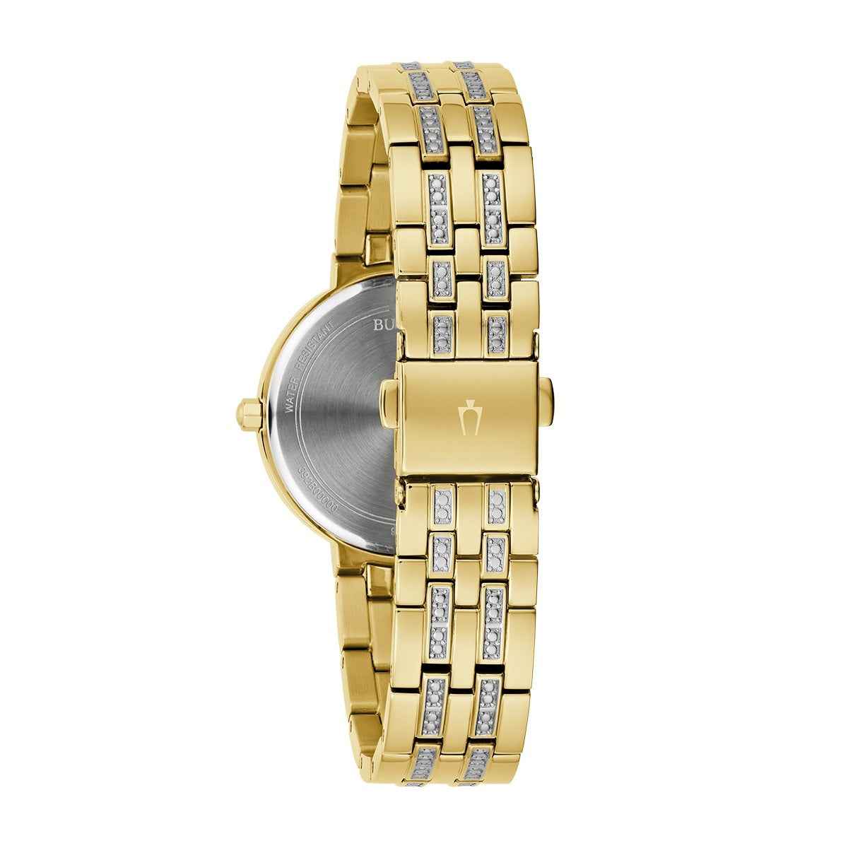 Bulova Ladies' Crystal Collection Quartz Gold-Tone Stainless Steel Watch Box Set with Crystal Accent Heart close-up detail