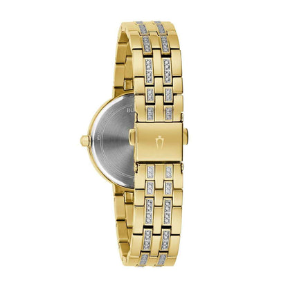 Bulova Ladies' Crystal Collection Quartz Gold-Tone Stainless Steel Watch Box Set with Crystal Accent Heart close-up detail