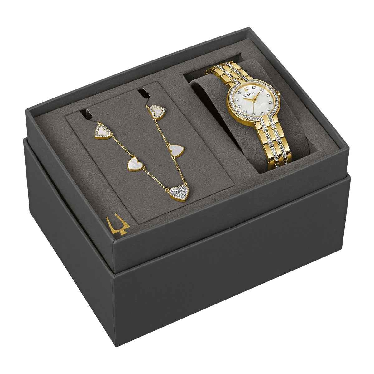 Bulova Ladies' Crystal Collection Quartz Gold-Tone Stainless Steel Watch Box Set with Crystal Accent Heart side profile