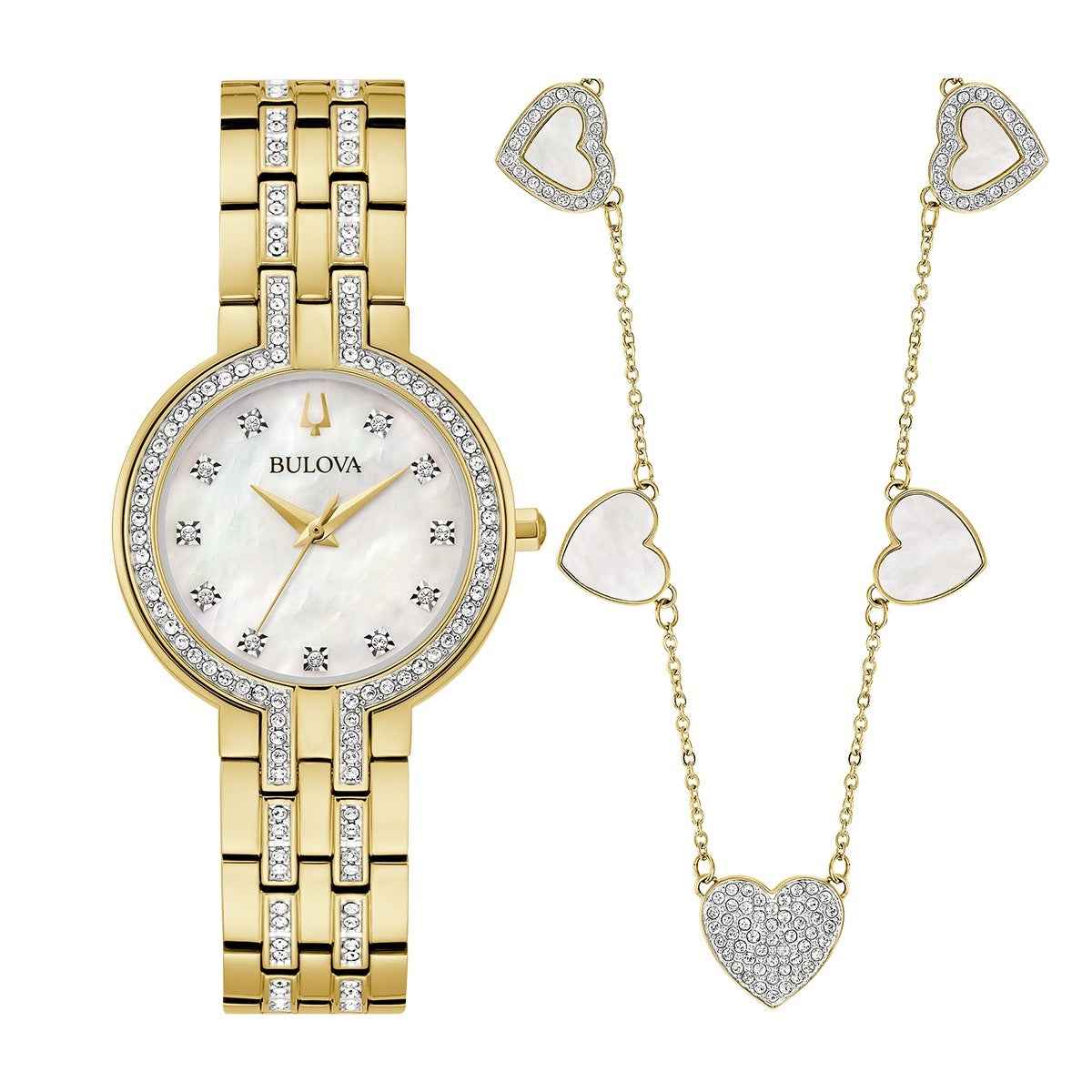Bulova Ladies' Crystal Collection Quartz Gold-Tone Stainless Steel Watch Box Set with Crystal Accent Heart Necklace & Dial