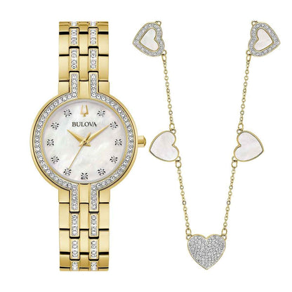 Bulova Ladies' Crystal Collection Quartz Gold-Tone Stainless Steel Watch Box Set with Crystal Accent Heart Necklace & Dial