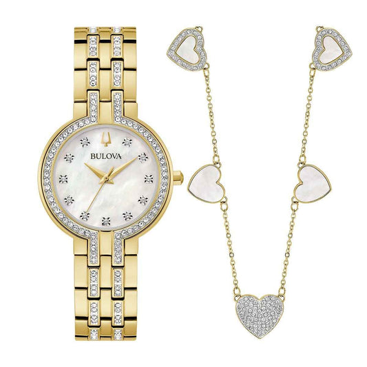 Bulova Ladies' Crystal Collection Quartz Gold-Tone Stainless Steel Watch Box Set with Crystal Accent Heart Necklace & Dial