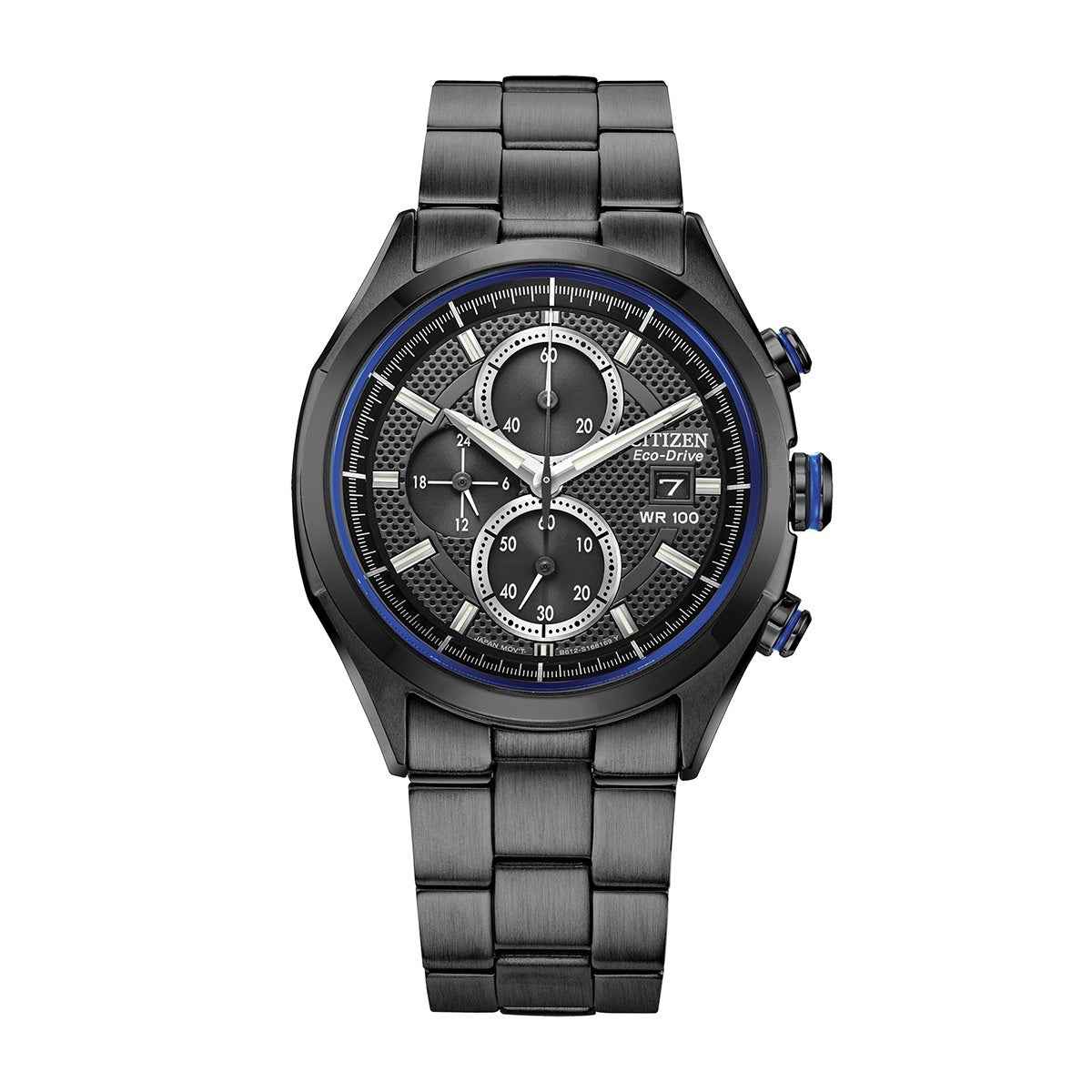 Citizen Men's Eco-Drive Chronograph Black Stainless Steel Watch with Black & Blue Dial