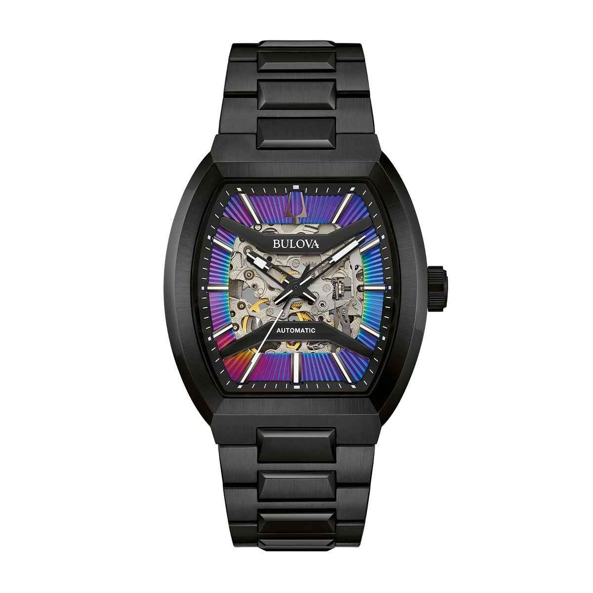 Bulova Maquina Automatic Black Stainless Steel Watch with Purple Dial