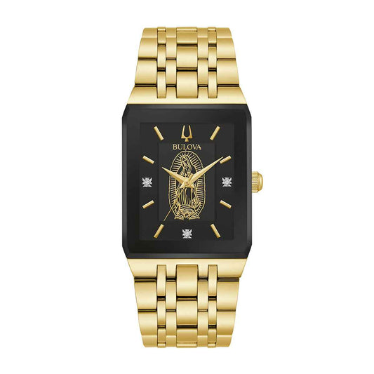 Bulova Men's Lady of Guadalupe Quartz Gold-Tone Stainless Steel Watch with Black Dial