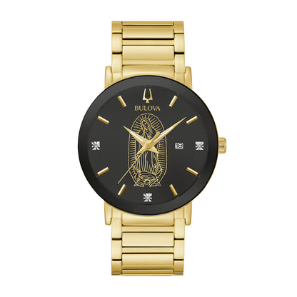 round Lady of Guadalupe black dial watch