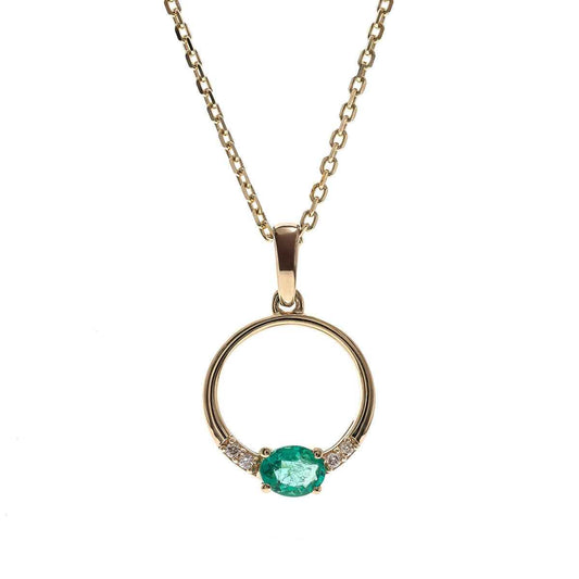 Oval Emerald & Diamond Accent Circle Pendant in 10K Yellow Gold