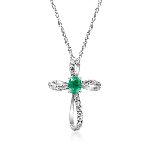 Oval Emerald & Diamond Accent Looped Cross Pendant in 10K White Gold