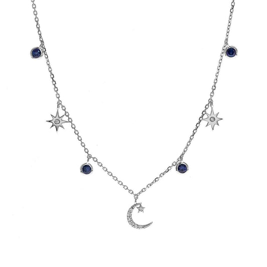 Round Sapphire & Diamond Accent Celestial Station Necklace in 10K White Gold