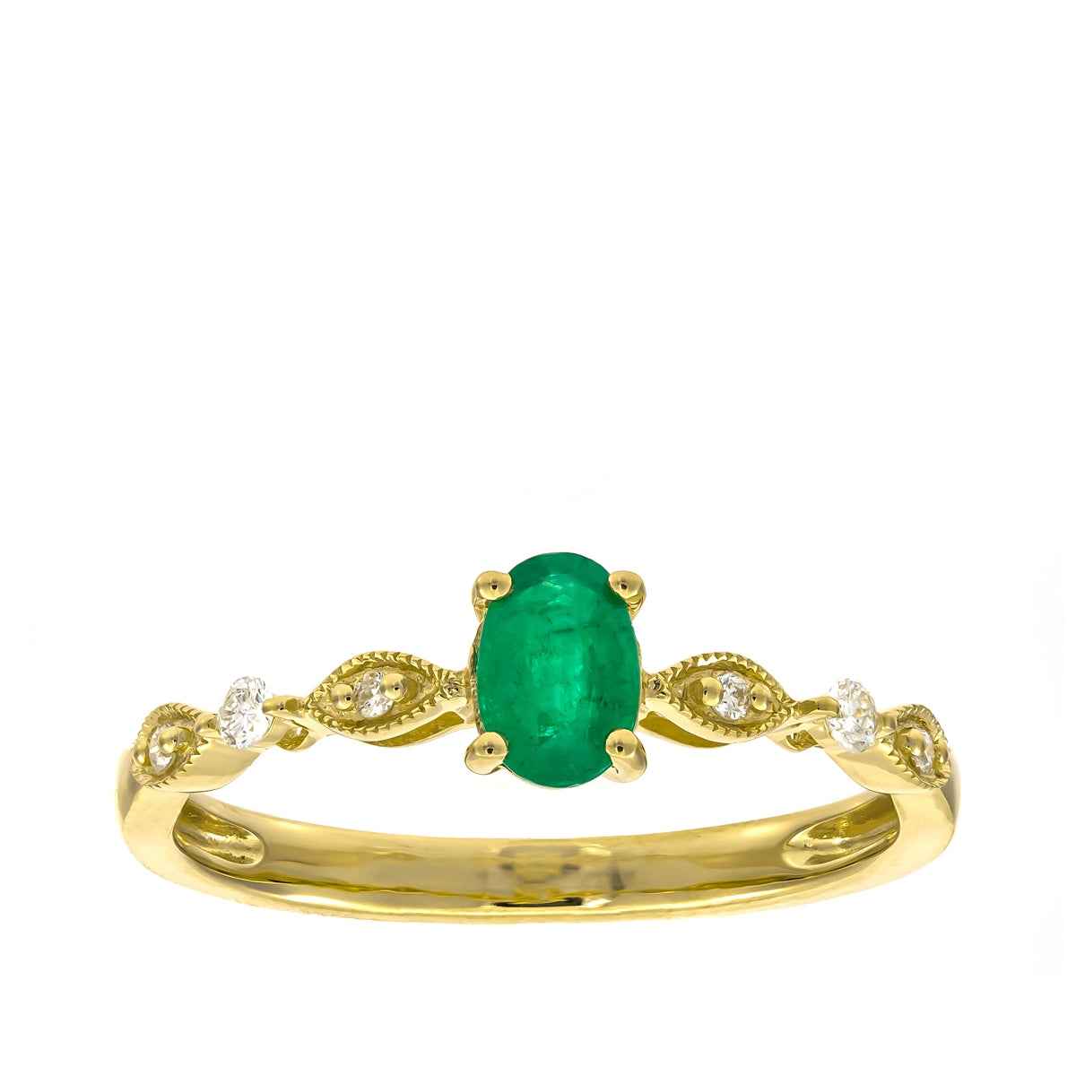 Oval Emerald & Diamond Accent Milgrain Ring in 10K Yellow Gold