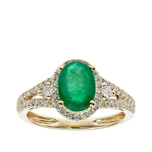Oval Emerald & 1/3 ct. tw. Diamond Halo Split Shank Ring in 10K Yellow Gold