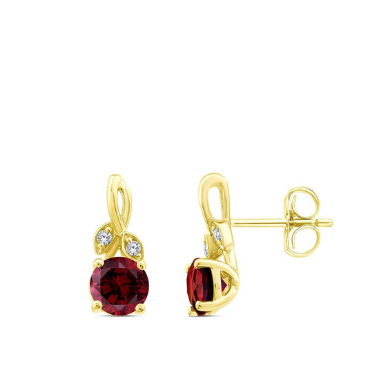 Round Garnet & Diamond Accent Earrings in 10K Yellow Gold
