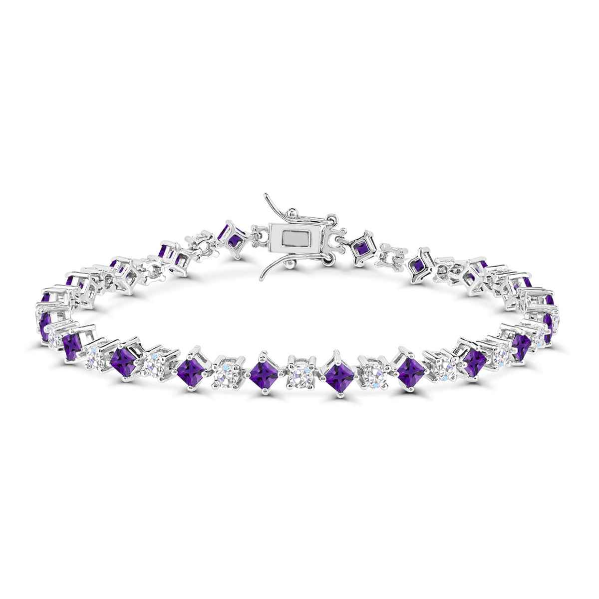 Princess Cut Amethyst & Lab-Grown White Round Sapphire 7.5-inch Bracelet in Sterling Silver