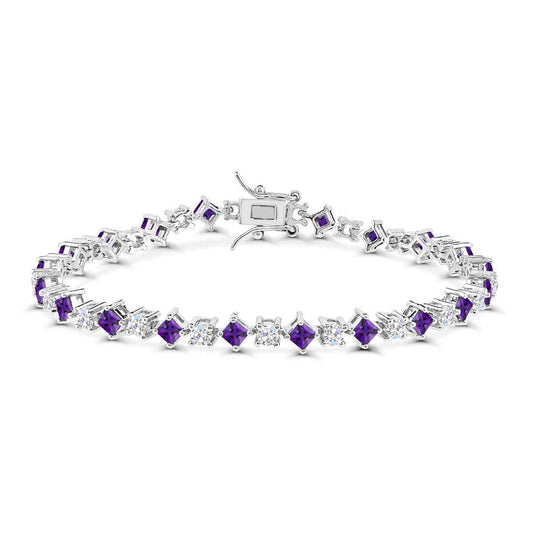 Princess Cut Amethyst & Lab-Grown White Round Sapphire 7.5-inch Bracelet in Sterling Silver